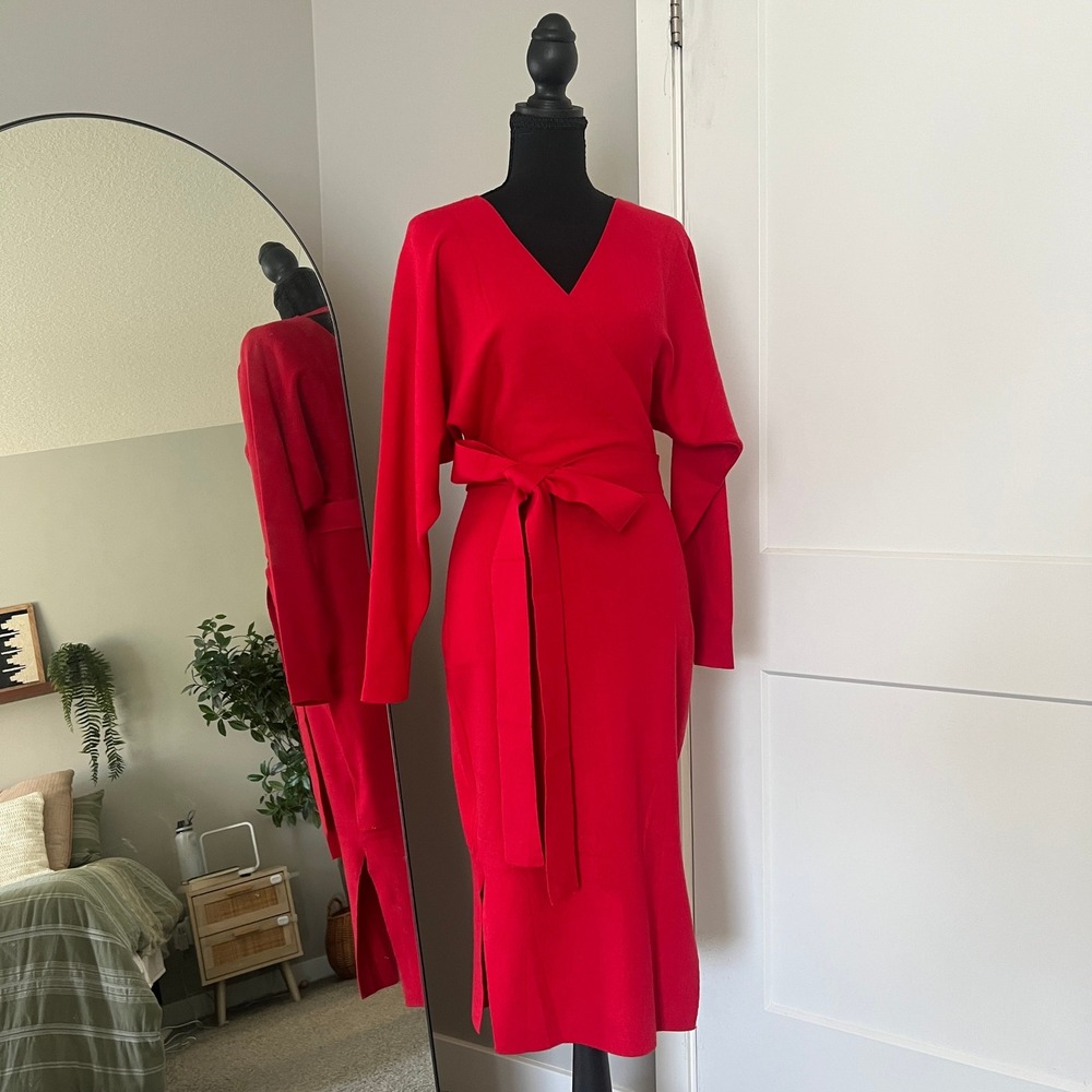 Knit Wrap Midi Dress Women M Red Tie Waist Long Sleeve Cocktail Dress Datenight